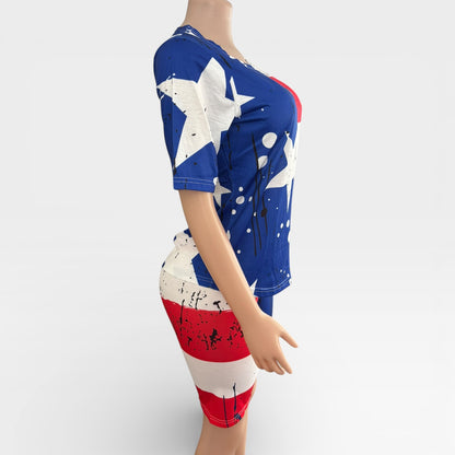 Conjunto de dos piezas de pantalones cortos con estampado de bandera estadounidense para mujer