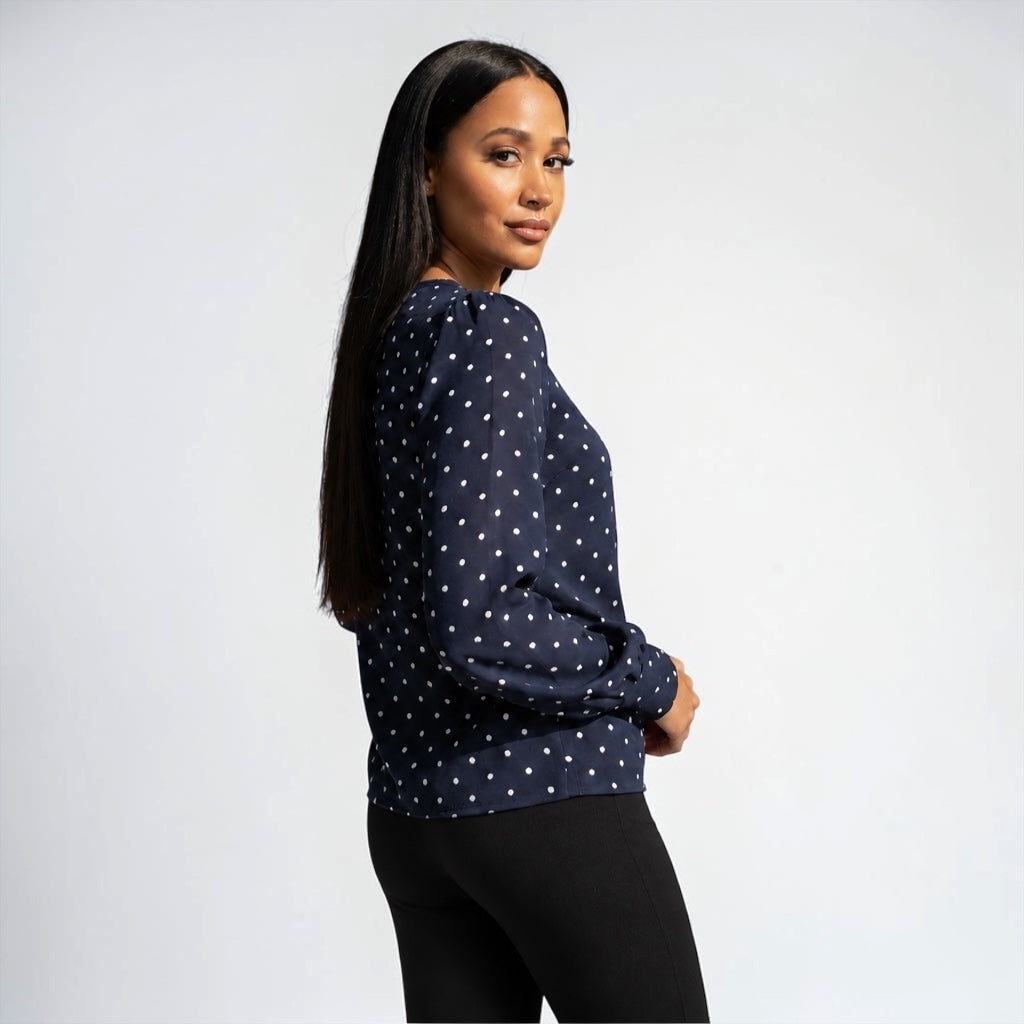 Navy Polka Dot Keyhole Long Sleeve Blouse