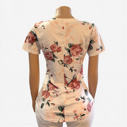 Camisa de manga corta blanca con escote en V y flores para mujer