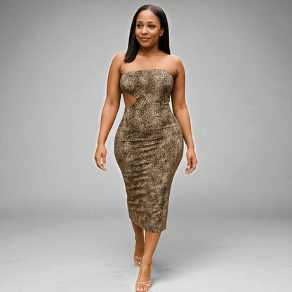 Leopard Print Strapless Midi Dress