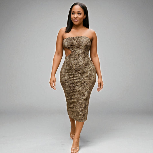 Leopard Print Strapless Midi Dress