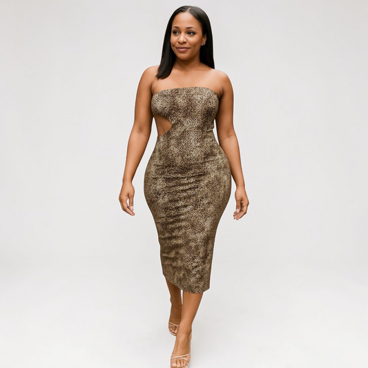 Leopard Print Strapless Midi Dress