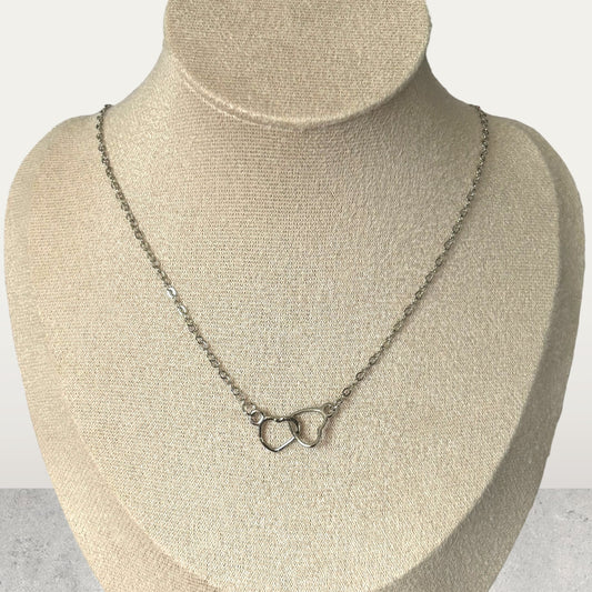 Small Two Heart Pendant Silver Necklace