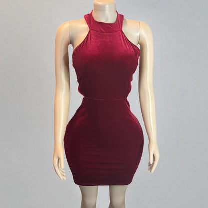 Vestido mini sin mangas de terciopelo con cuello halter para mujer