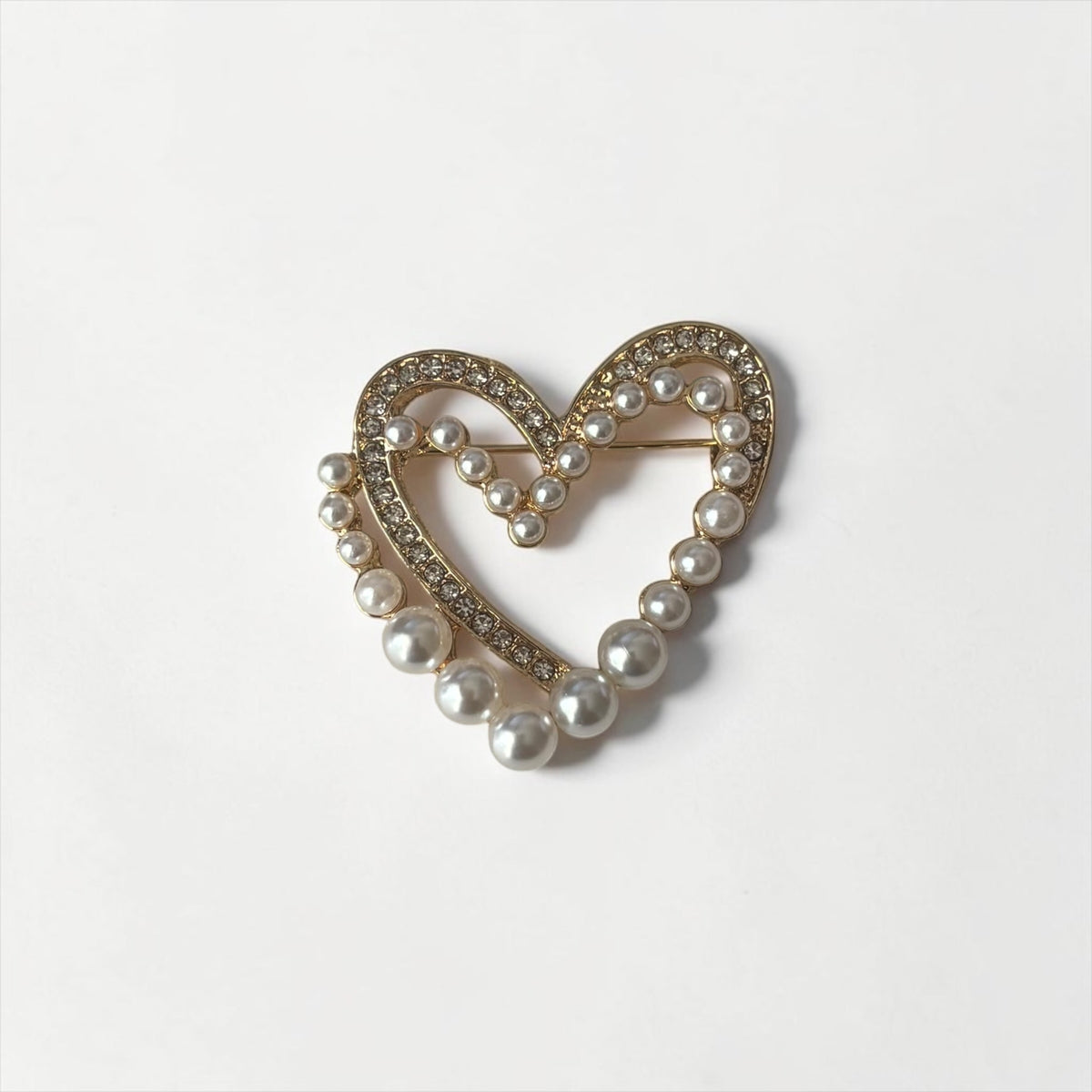 Gold Pearl & Rhinestone Heart Brooch