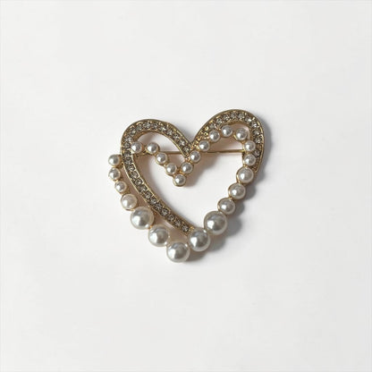 Gold Pearl & Rhinestone Heart Brooch