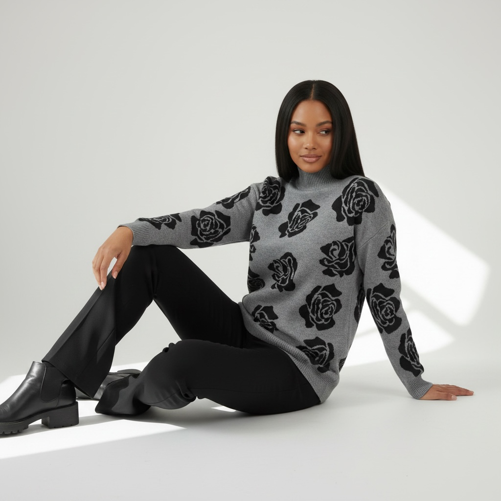 Gray Rose Jacquard Mock Neck Sweater