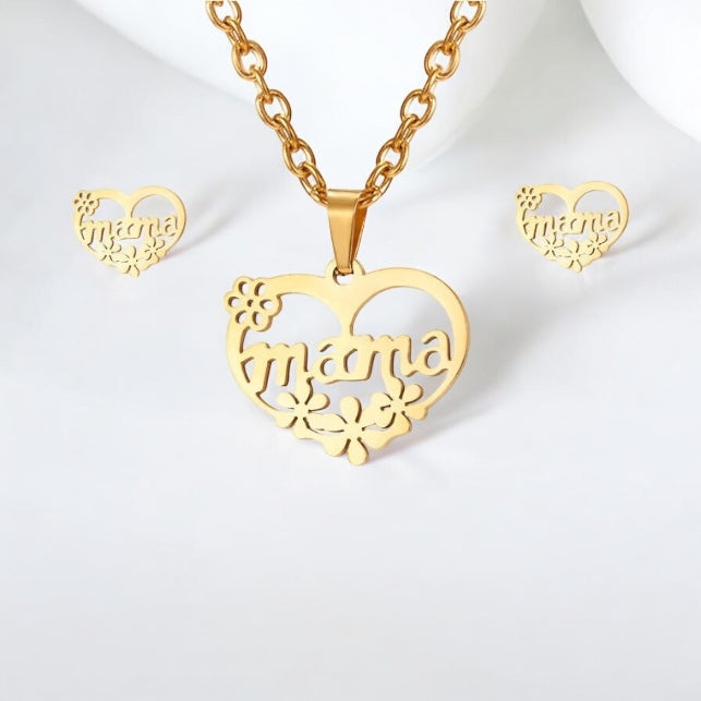Conjunto de collar y pendientes con colgante de flor de rosa y corazón de amor de mamá en acero inoxidable