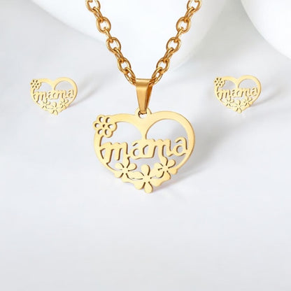 Conjunto de collar y pendientes con colgante de flor de rosa y corazón de amor de mamá en acero inoxidable