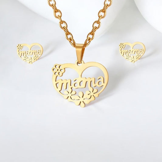 Mama Heart Flower Earring Necklace Set