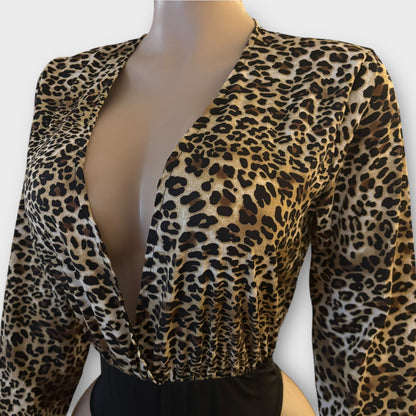 Long Sleeve Leopard V Neck Bodysuit