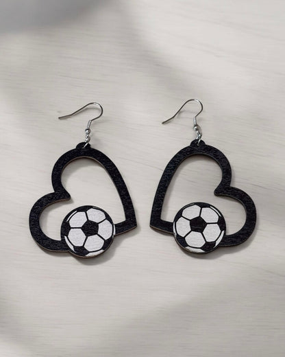 Heart Soccer Wood Earring