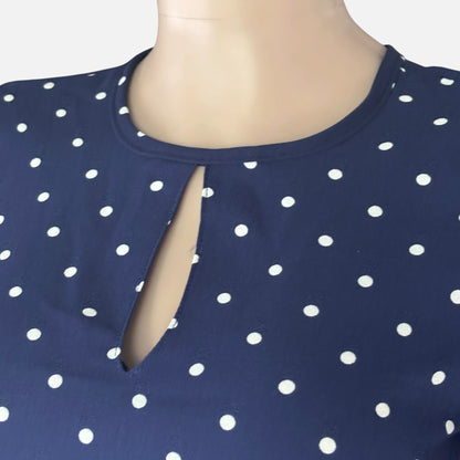 Navy Polka Dot Keyhole Long Sleeve Blouse