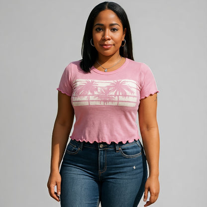 Women Pink Palm Tree Top