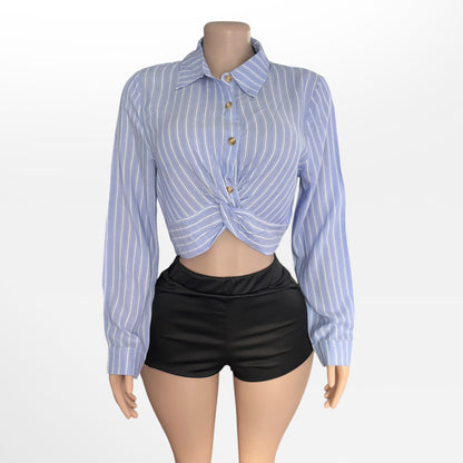 Blue Striped Button Down Crop Top