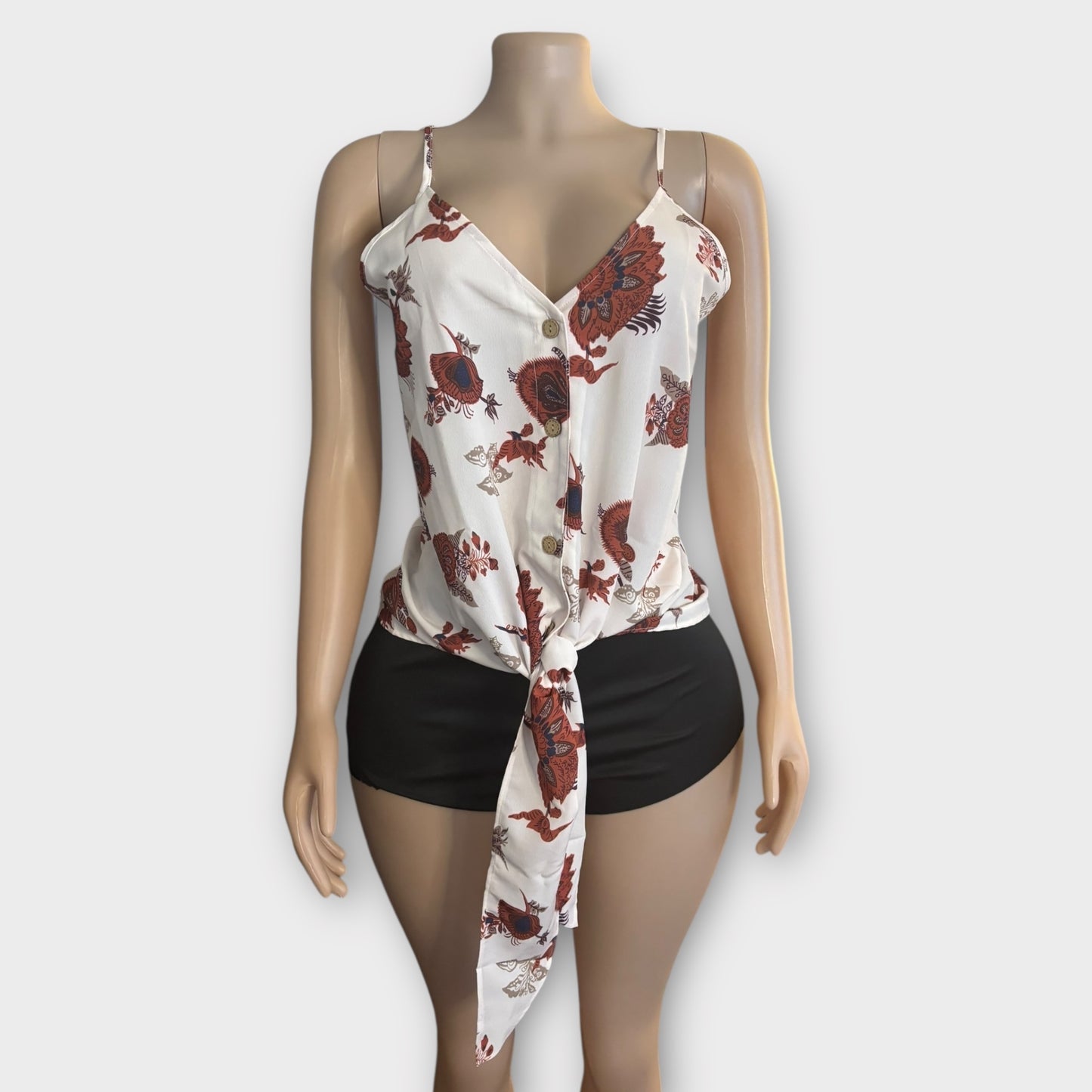 Camiseta sin mangas con estampado floral y lazo para mujer