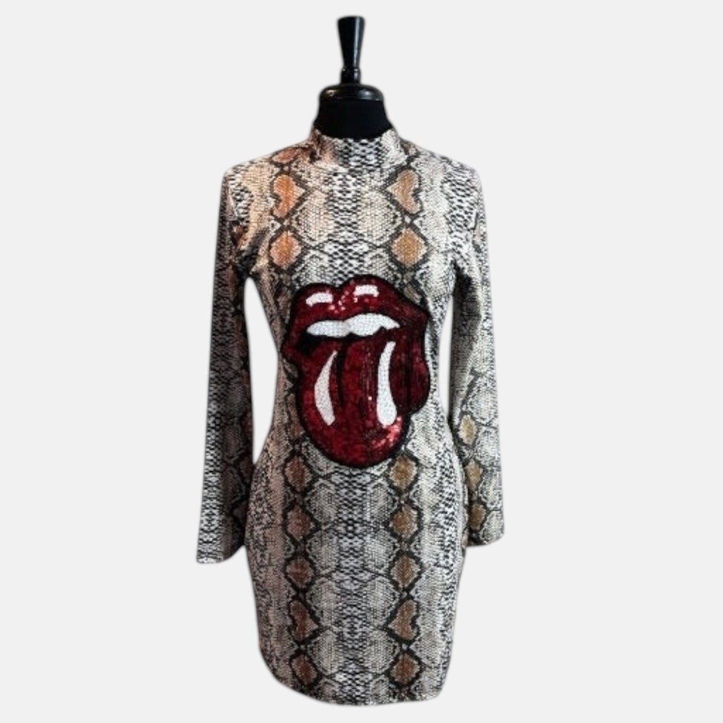 Vestido corto de mujer de manga larga con estampado de leopardo y labios rojos