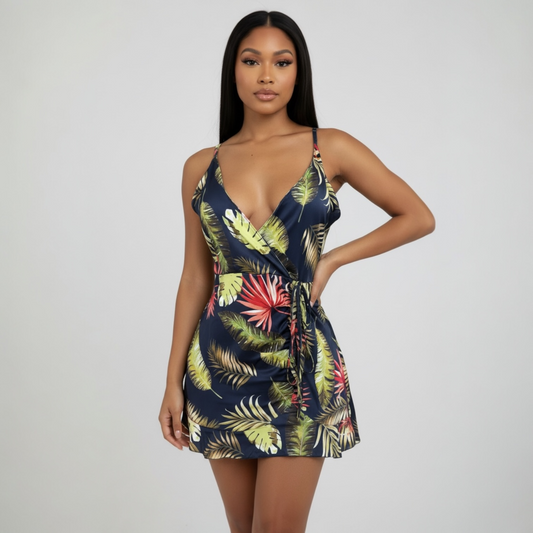 Floral Print Women Short V Neck Mini Dress