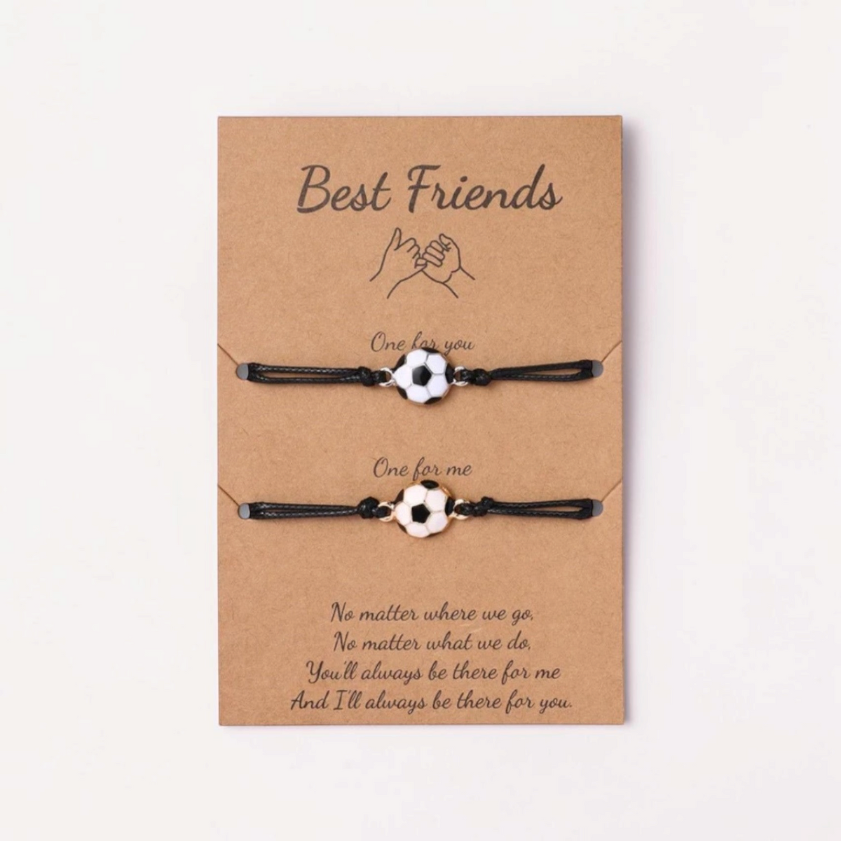Omayra Boutique best friend drawstring bracelets with soccer ball charms in gold and silver on a display card.