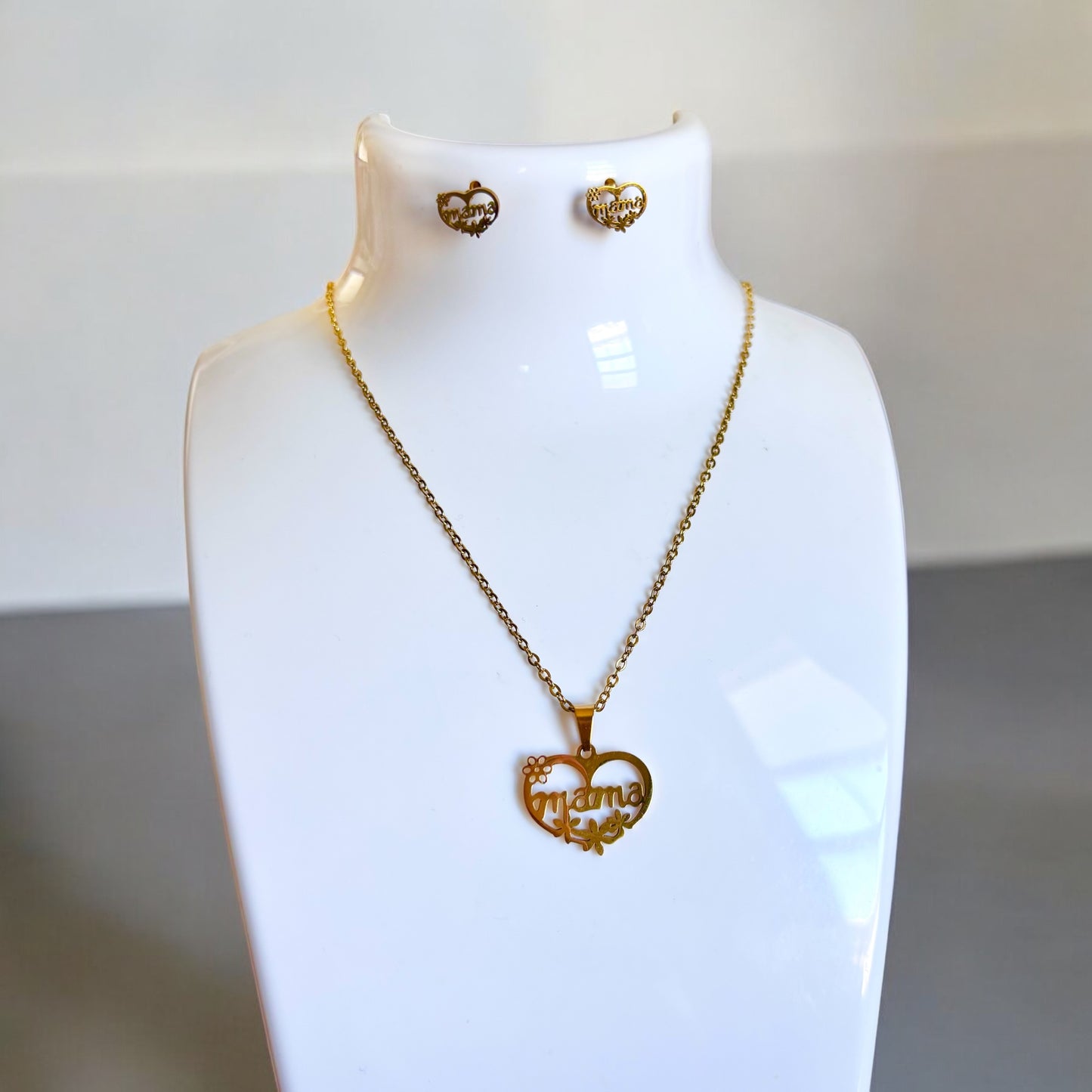 Conjunto de collar y pendientes con colgante de flor de rosa y corazón de amor de mamá en acero inoxidable