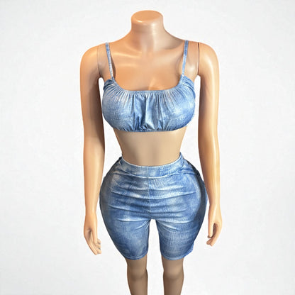 High-waisted Two Piece Blue Short Set