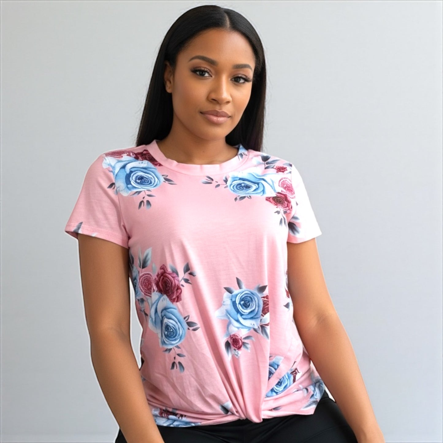 Pink Floral Shirt With Knot Top