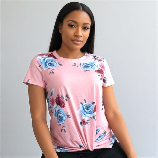 Pink Floral Shirt With Knot Top