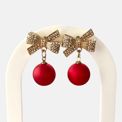 Red Ornament & Crystal Bow Earring