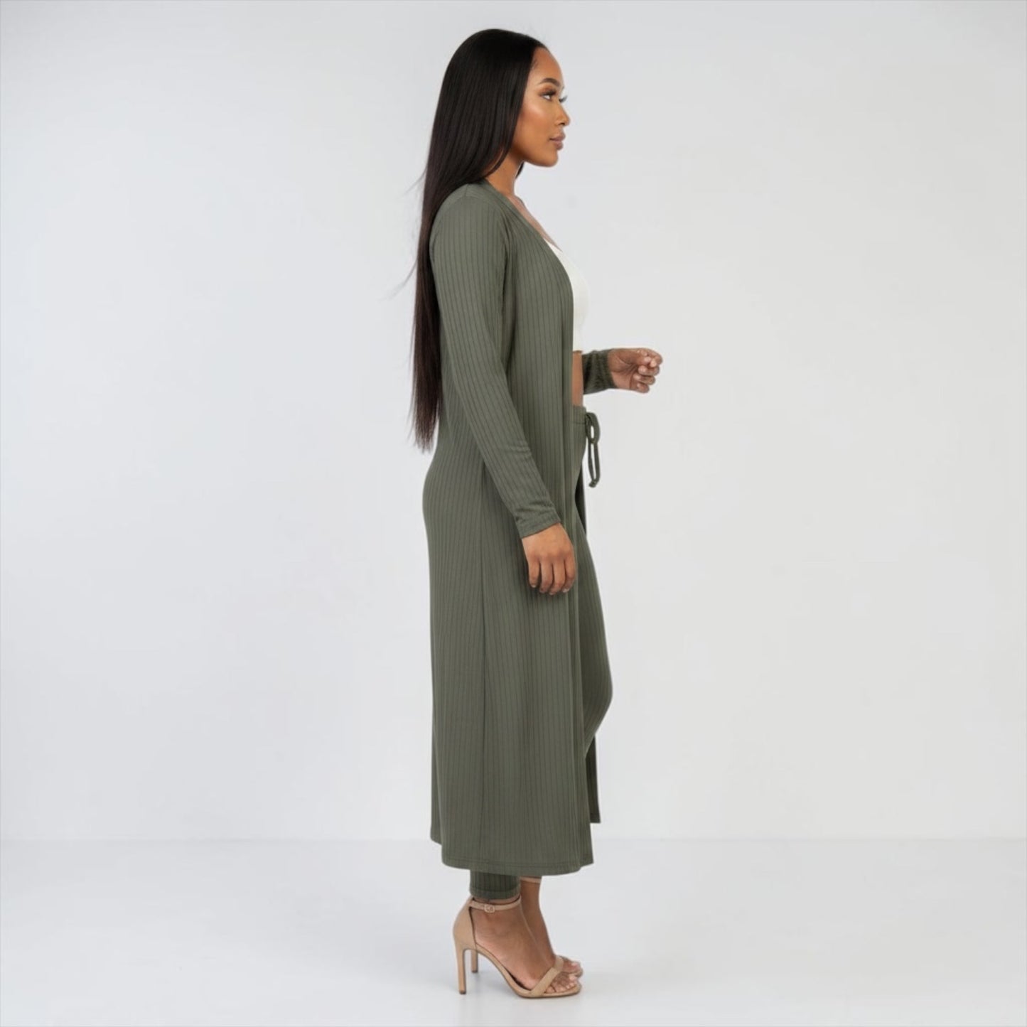 Olive Ribbed Cardigan & Leggings Set