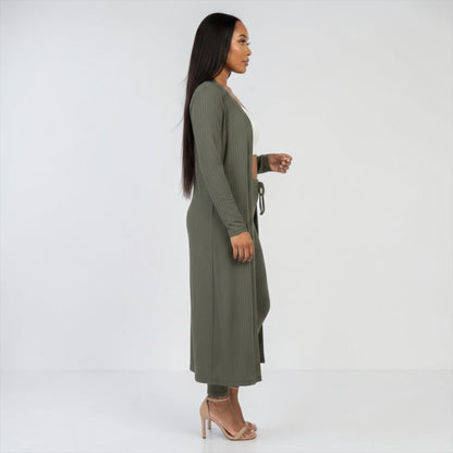 Olive Ribbed Cardigan & Leggings Set