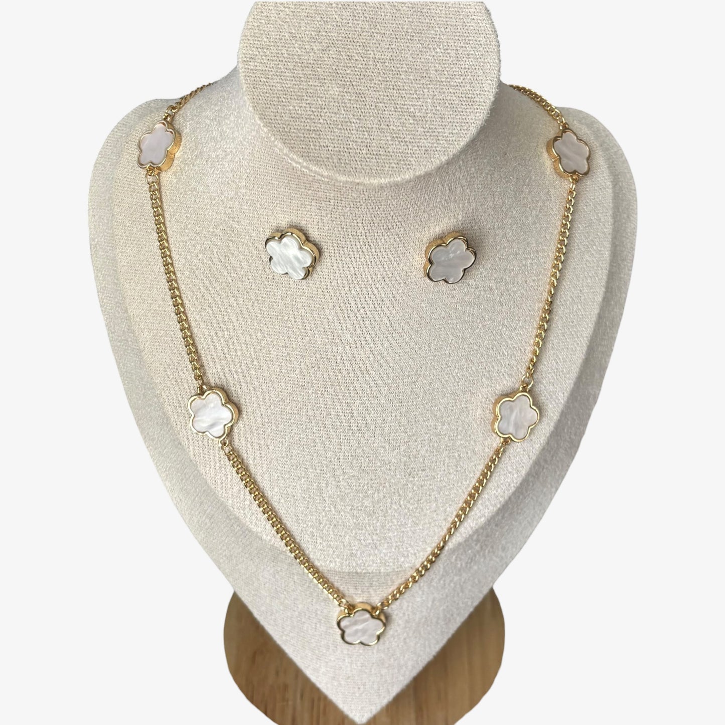 Gold & White Clover Necklace & Stud Earrings Set