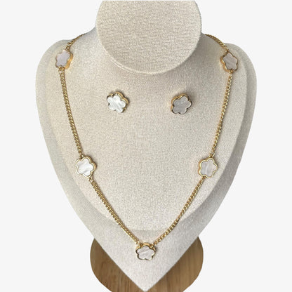 Gold & White Clover Necklace & Stud Earrings Set