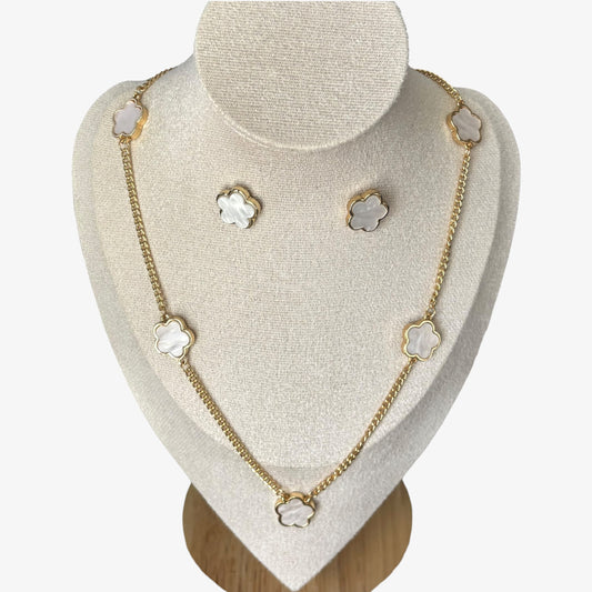 Gold & White Clover Necklace & Stud Earrings Set
