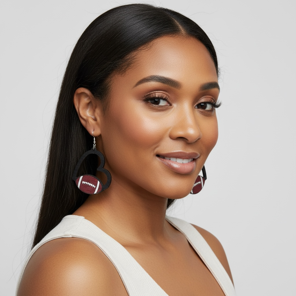 Heart Football Wood Earring