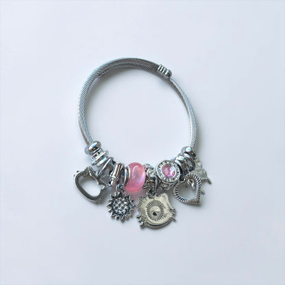 Pink & Silver Kitten Charm Bangle Bracelet for Girls