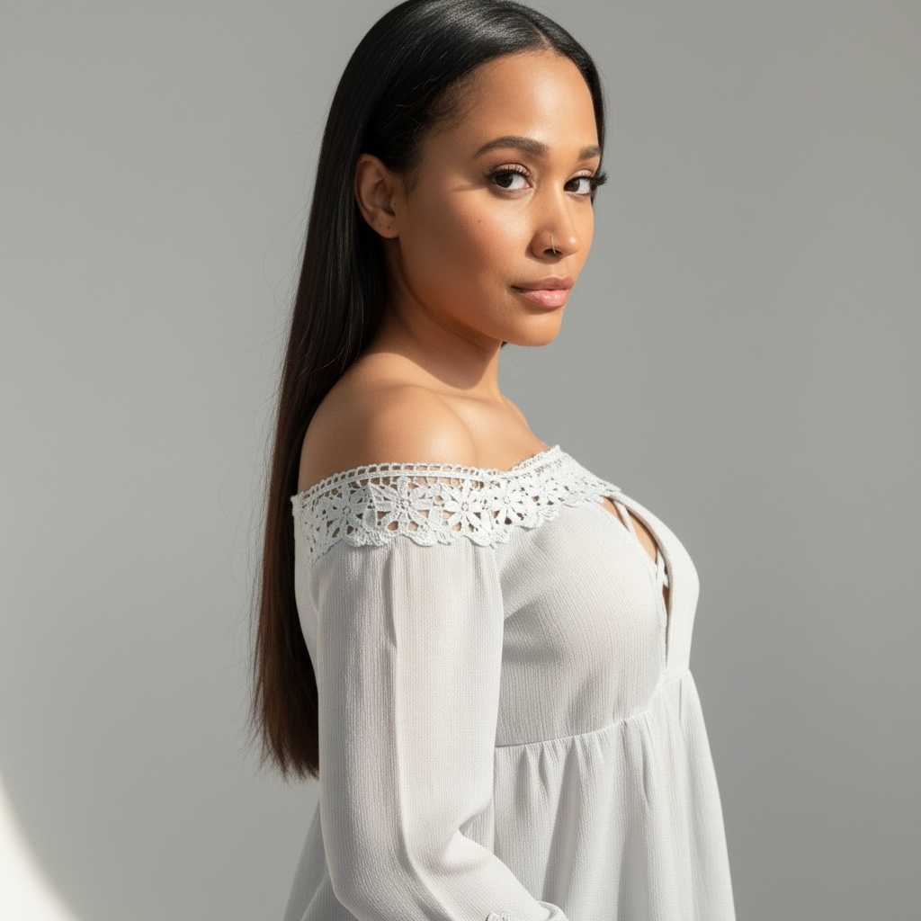 Blusa elegante de encaje azul claro para mujer