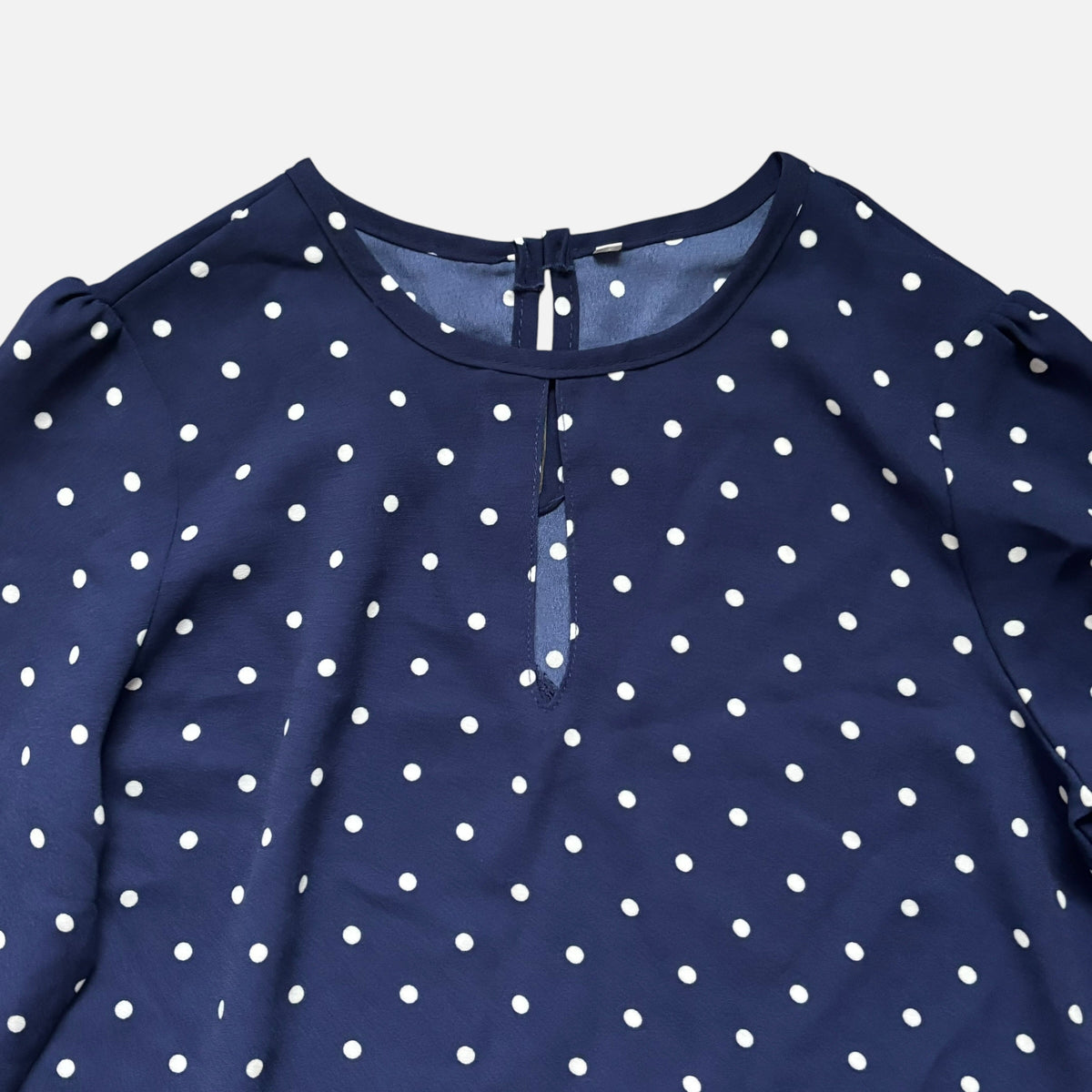 Navy Polka Dot Keyhole Long Sleeve Blouse