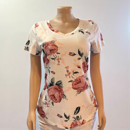 Camisa de manga corta blanca con escote en V y flores para mujer