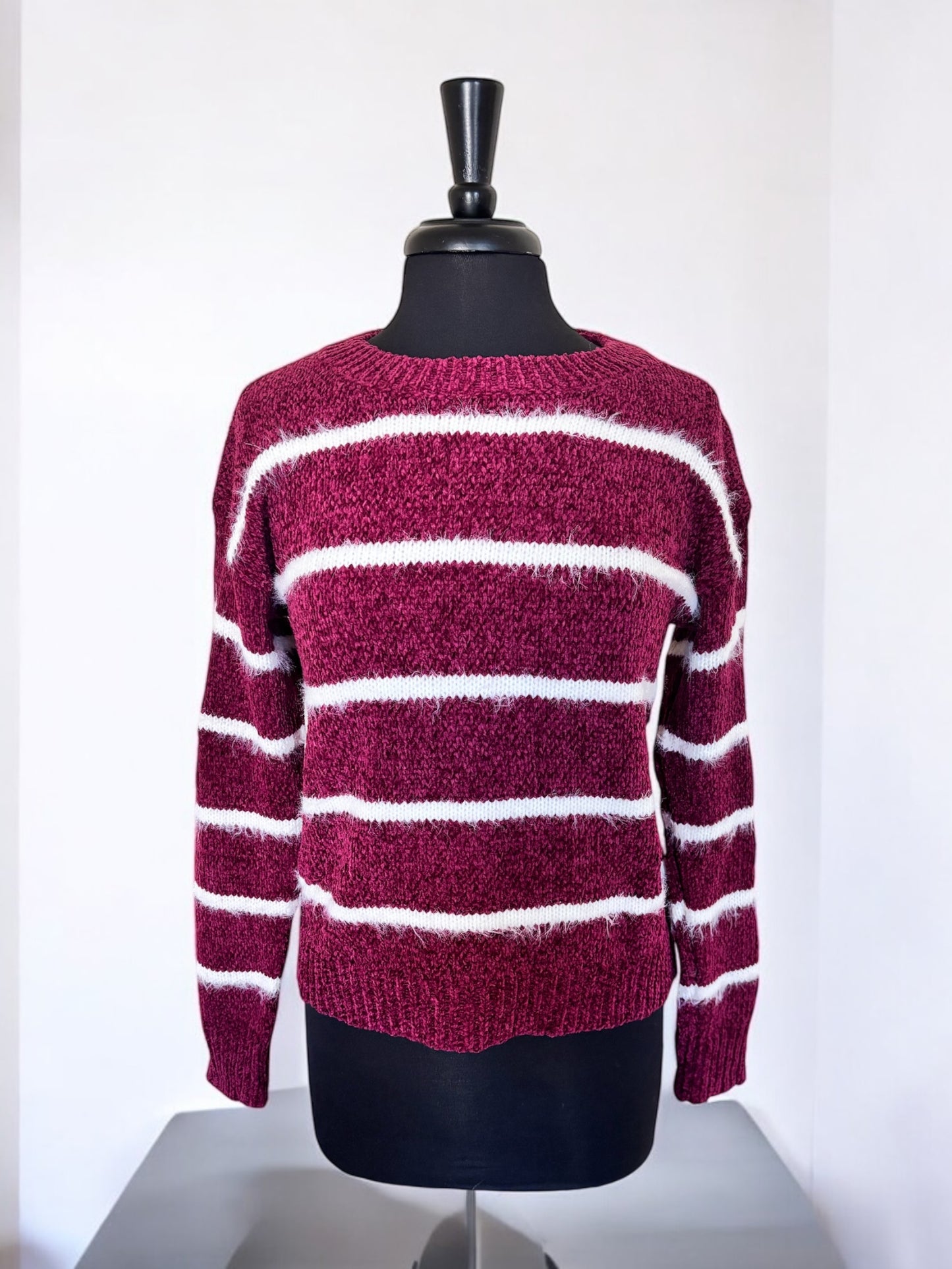 Striped Burgundy Long Sleeve Knit Sweater