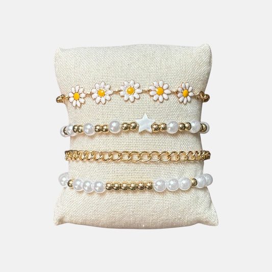 Daisy Flower Pearl Bracelet Set