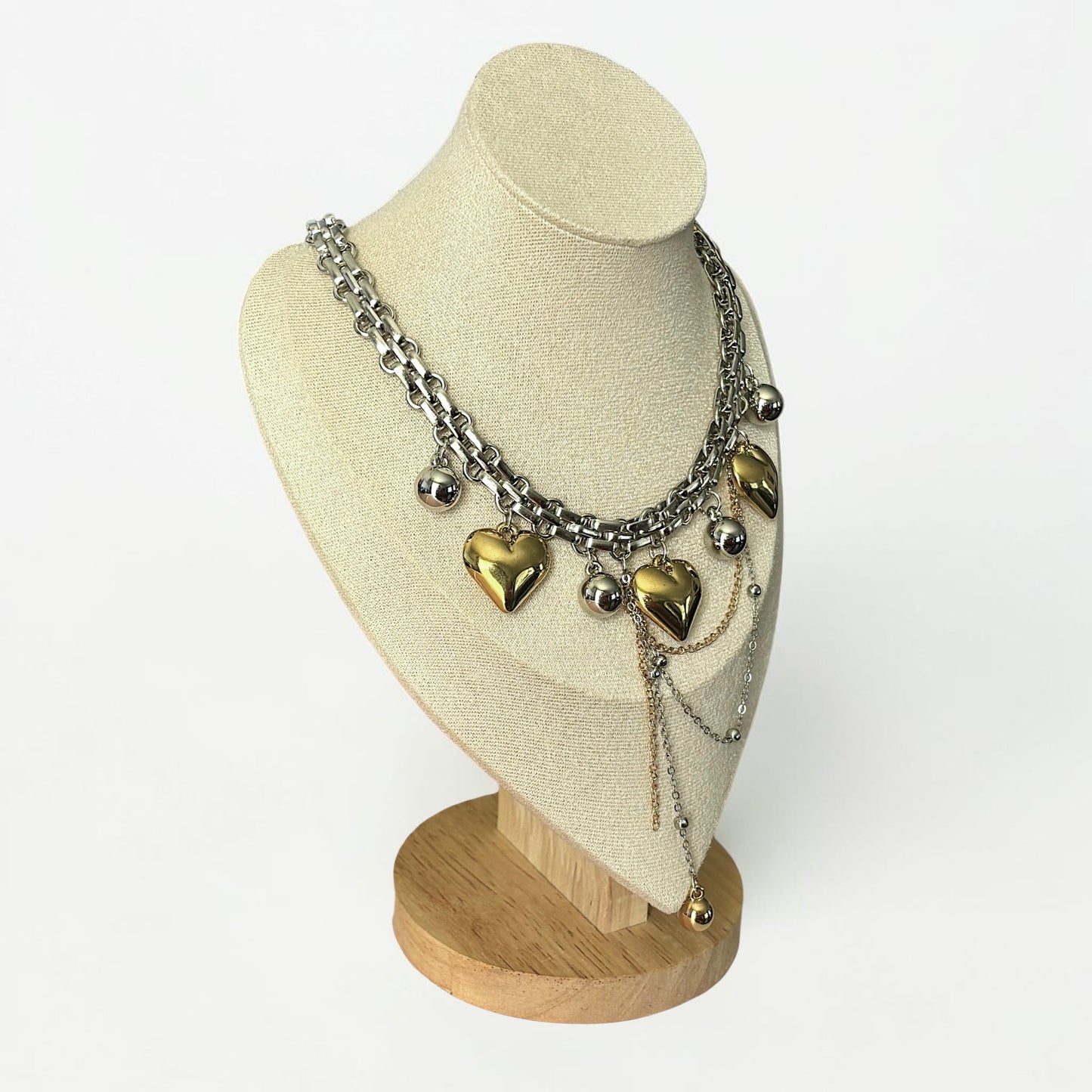 Two-Tone Layered Heart Charm Statement Necklace