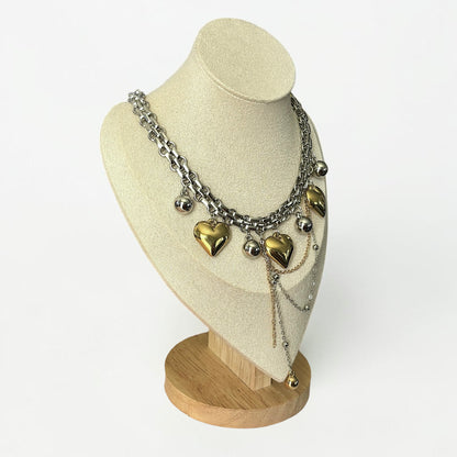 Two-Tone Layered Heart Charm Statement Necklace