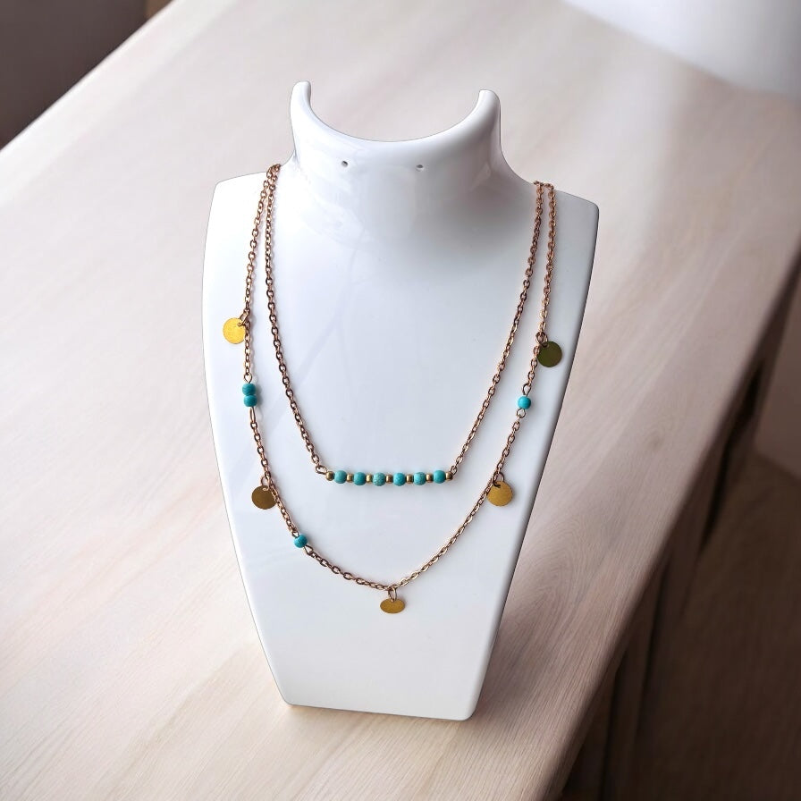 Collar vintage para mujer en color verde azulado y dorado