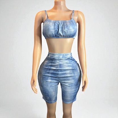 High-waisted Two Piece Blue Short Set