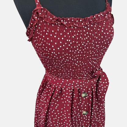 Polkadot Burgundy Ruffled Neckline Sundress