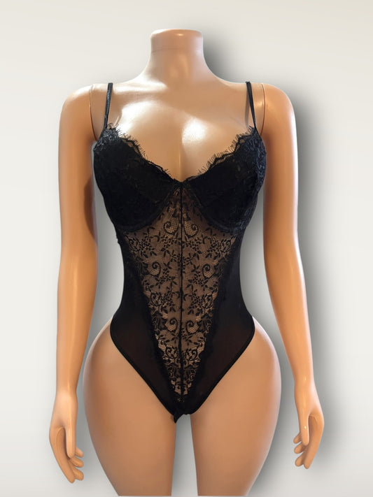 Black Lace Mesh Bodysuit Push up