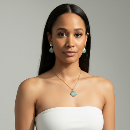 Beach Shell Gold & Turquoise Necklace and Earrings Set
