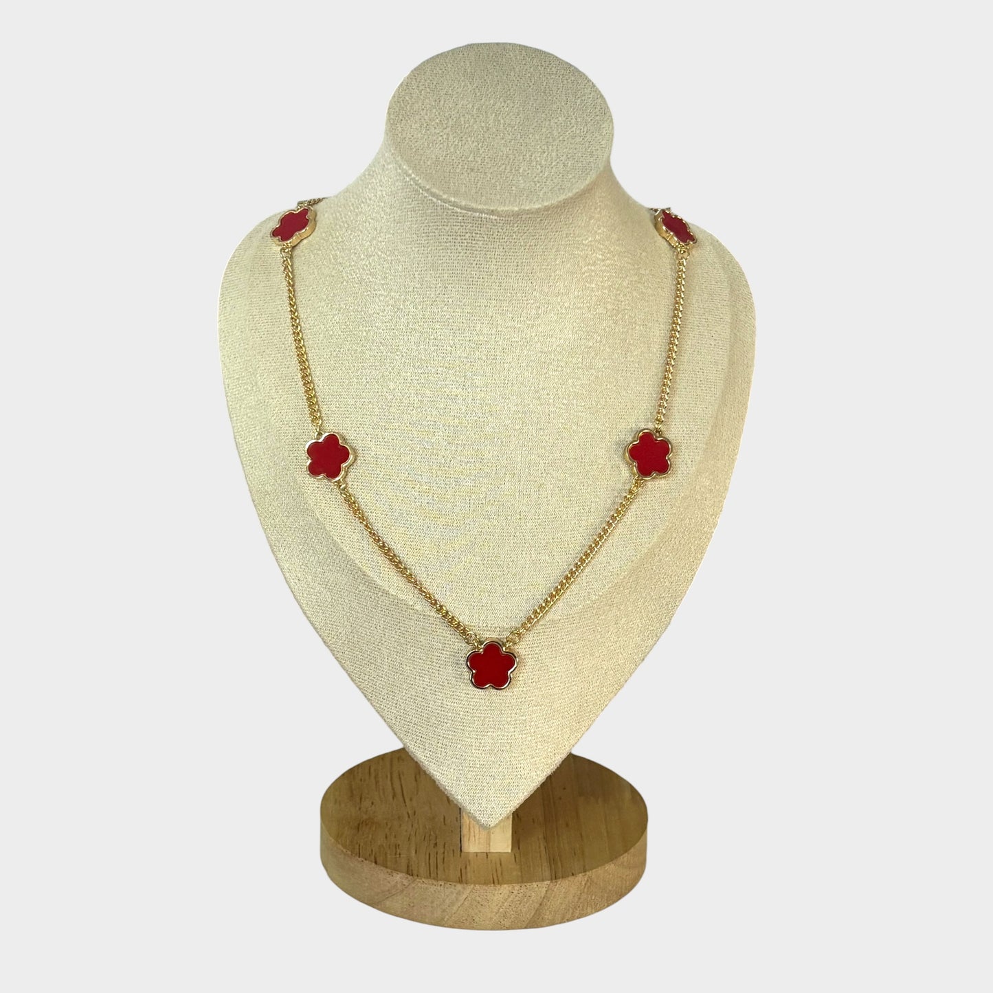 Gold & Red Clover Necklace, Bracelet & Earrings Set