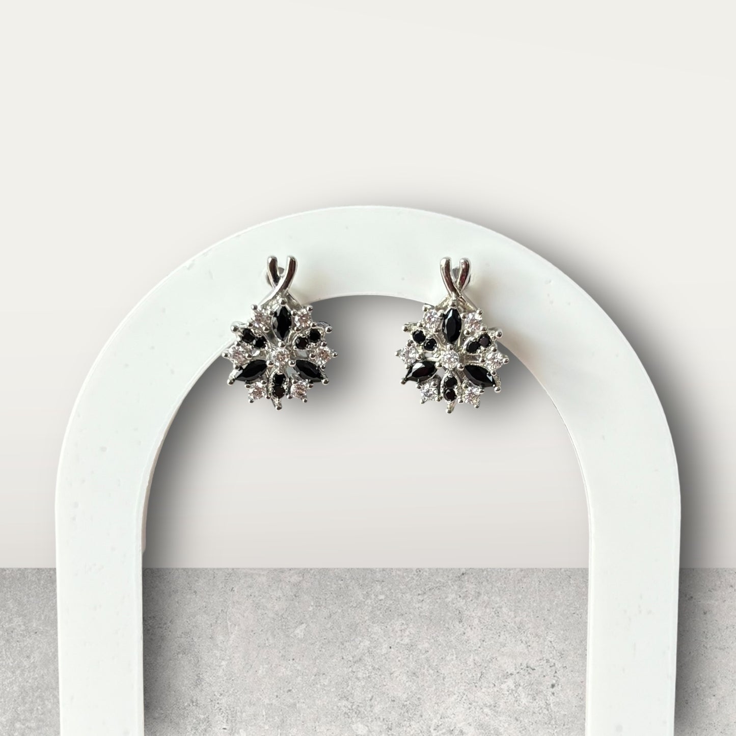 Black Silver Flower Hoop Earrings