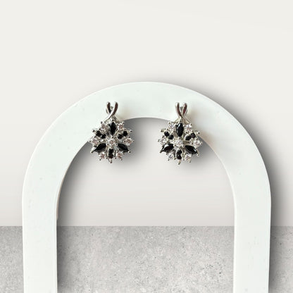 Black Silver Flower Hoop Earrings